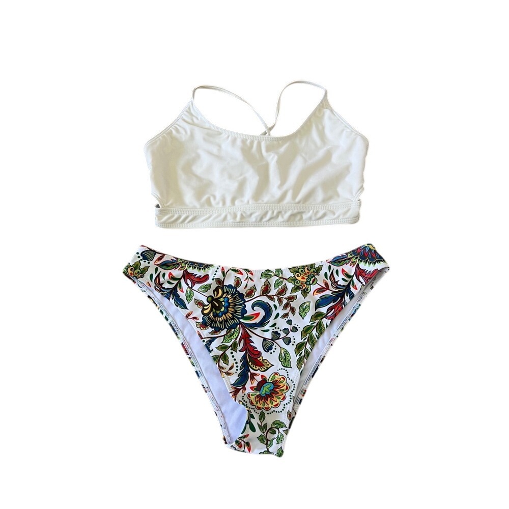 Zaful Cream Lace Up Bikini Set Floral High Cut Bottoms Size M US 6